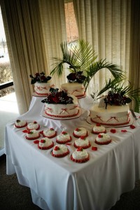 Multi Tiered Heart Cake w/ Ribbon Bow Accents and Petite Heart Cake Accompaniment 