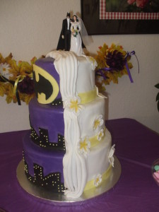 Custom Split Sided Wedding Cake w/Batman and Traditional Sides