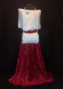 Custom Made Crimson Red Crushed Velvet Dress with White Fur Stole and Muff