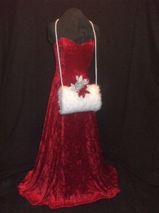 Custom Made Crimson Red Crushed Velvet Sweetheart Neckline with White Fur Muff