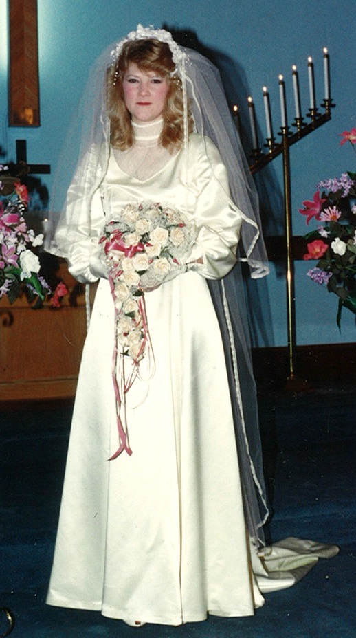 Old Fashion Ivory Satin Dress w/ Puff Sleeves